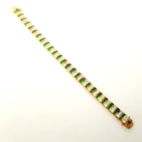 Sterling Vermeil Green and Clear Channel Set Crystal Tennis Bracelet - Picture 4 of 7